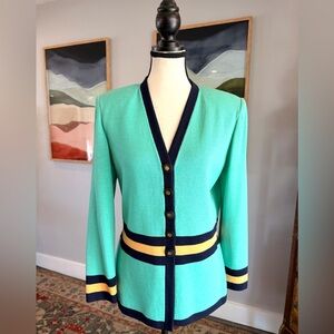 St. John Collection Mint Green Knit Blazer with Navy and Yellow Trim